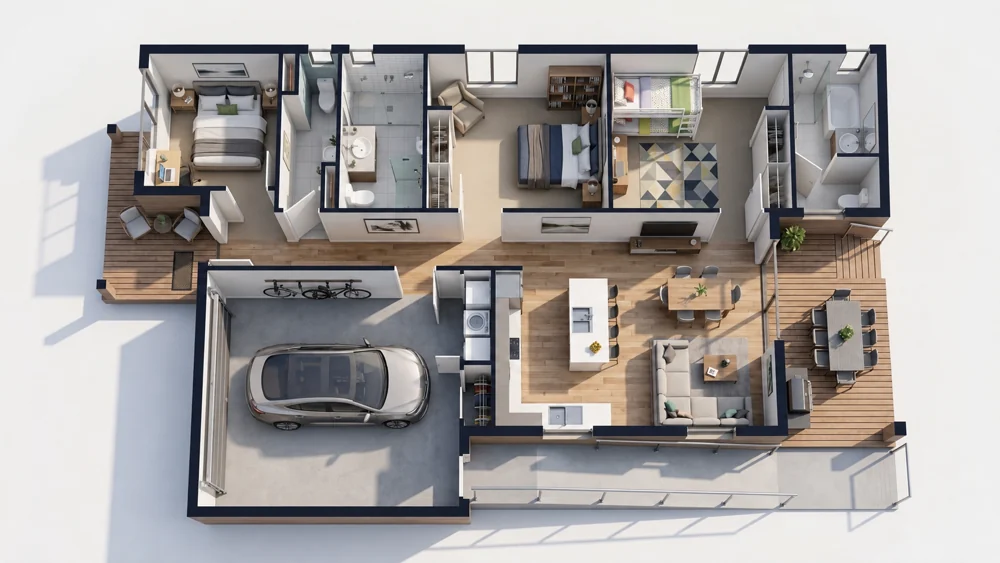 Illustrative furnished 3D concept of the home, not a photograph or authoritative floorplan